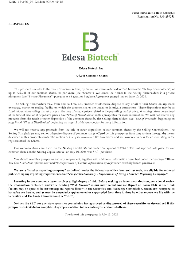 Edesa Biotech Inc美股招股说明书(2026-07-13版)