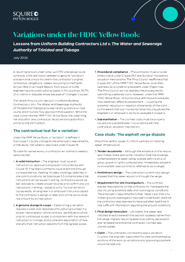 
FIDIC黄皮书下的变更：Uniform Building Contractors Ltd诉特立尼达和多巴哥供水和污水管理局的经验教训