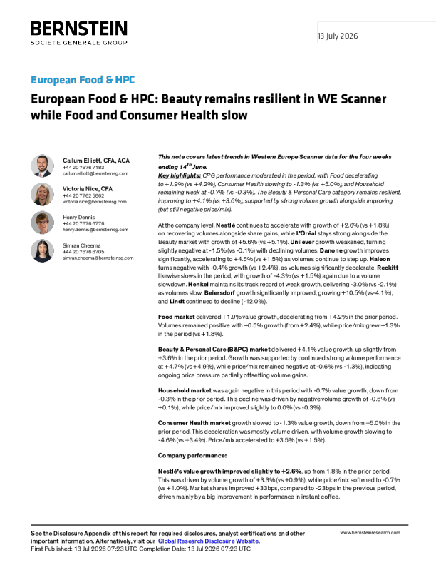 
欧洲食品与HPC：在WE扫描中，美容保持韧性，食品和消费者健康增长放缓