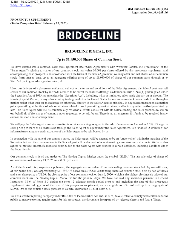 Bridgeline Digital Inc美股招股说明书(2026-07-14版)