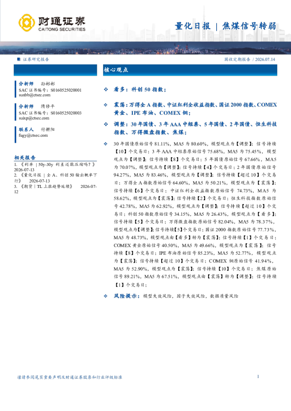 量化日报：焦煤信号转弱