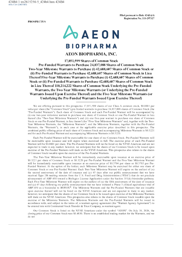 AEON Biopharma美股招股说明书(2026-07-15版)