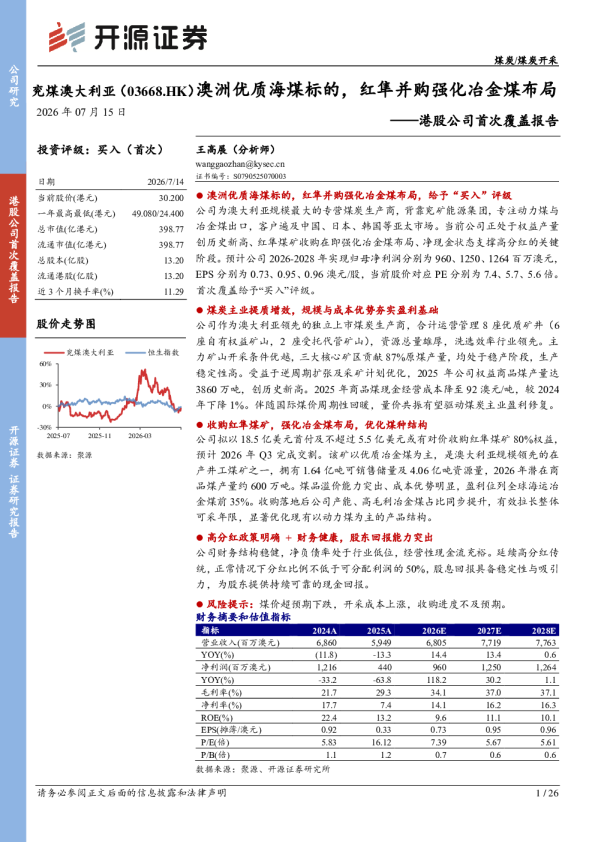 港股公司首次覆盖报告：澳洲优质海煤标的，红隼并购强化冶金煤布局
