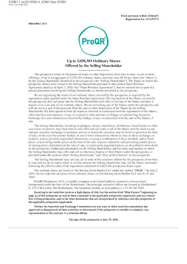ProQR Therapeutics NV美股招股说明书(2026-07-15版)