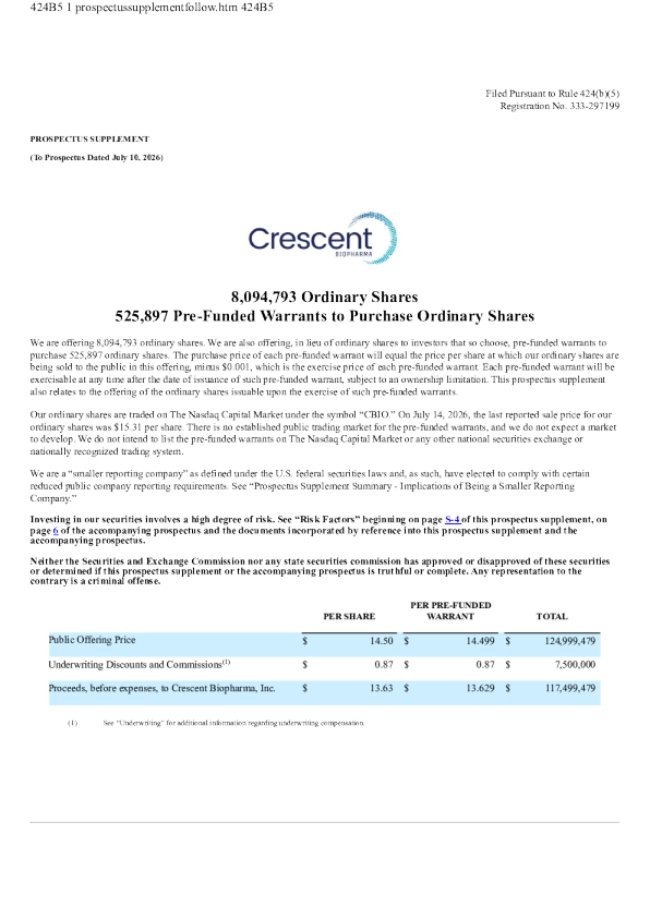 Crescent Biopharma Inc美股招股说明书(2026-07-15版)