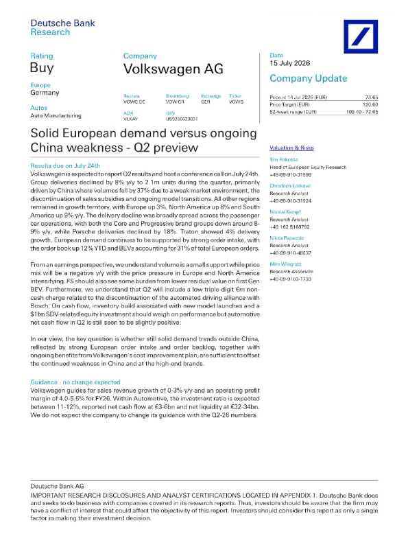 大众汽车Q2展望：欧洲需求稳健 vs 中国市场疲软