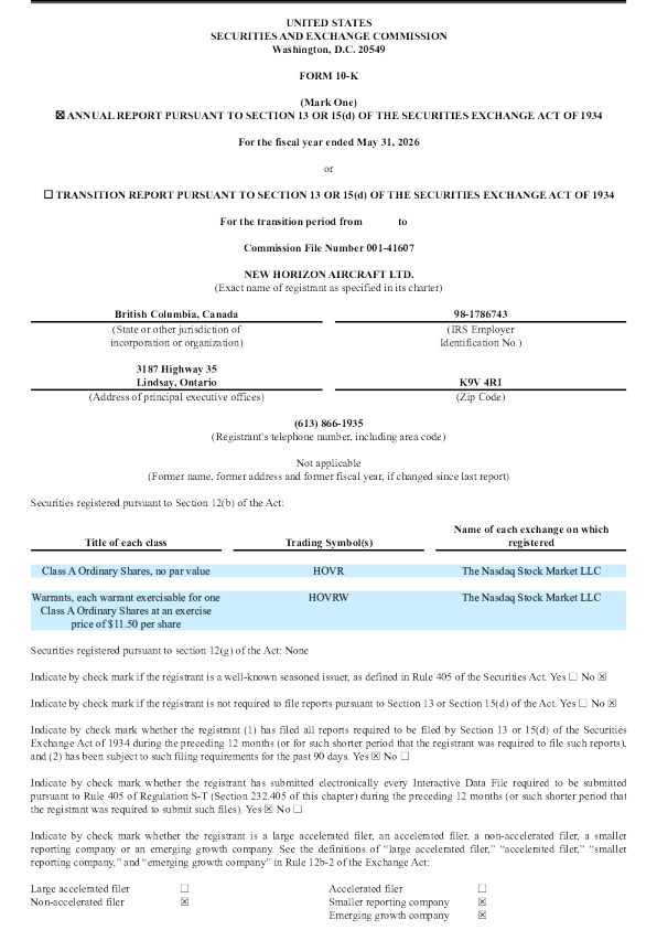 New Horizon Aircraft Ltd-A 2025年度报告