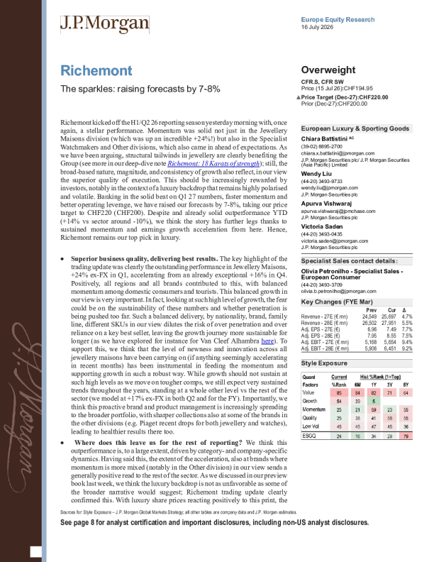 Richemont：闪耀光芒，预测上调7%-8%