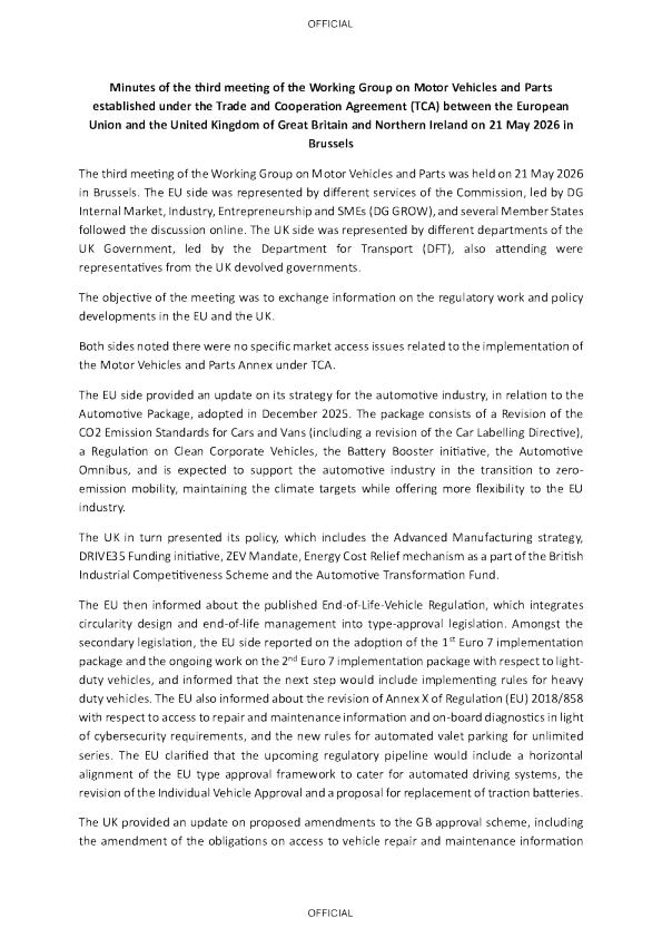 欧盟-英国贸易与合作协定机动车辆和零部件工作组第三次会议