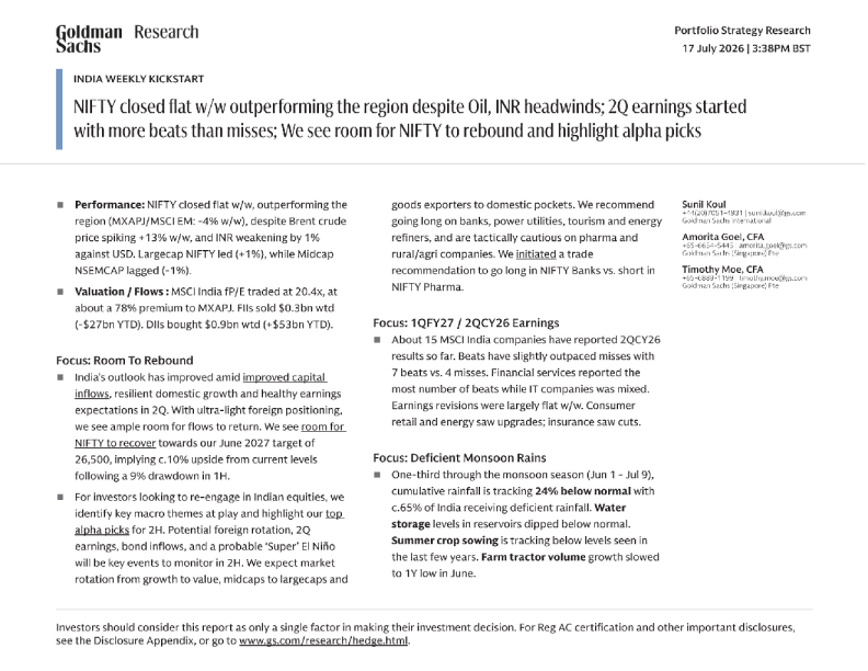 印度周报启动：Nifty周线收盘持平，尽管面临油价、卢比逆风仍跑赢区域，二季度财报启动且超预期多于不及，我们认为Nifty有反弹空间并精选alpha标的