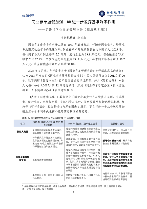 同业存单监管加强，DR进一步发挥基准利率作用——简评《同业存单管理办法（征求意见稿）》