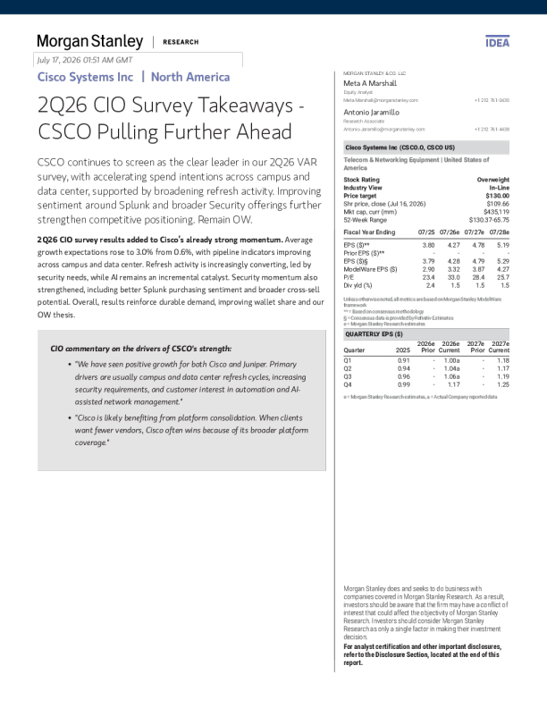思科系统公司（CSCO.US）2026年第二季度CIO调查要点 - 思科进一步领先