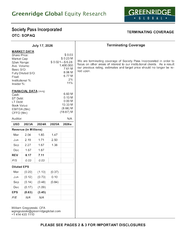 
关于Society Pass Incorporated终止服务的报告