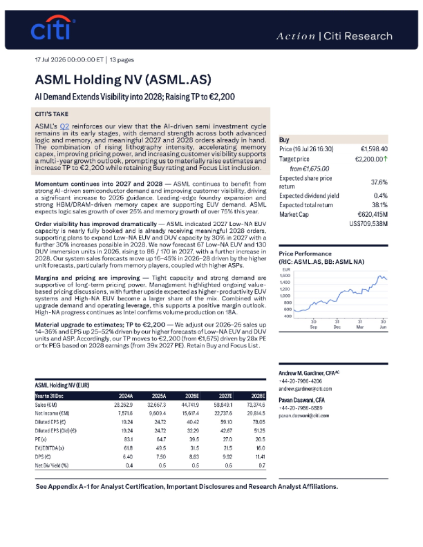 AI需求延长ASML至2028年的能见度，目标价上调至2200
