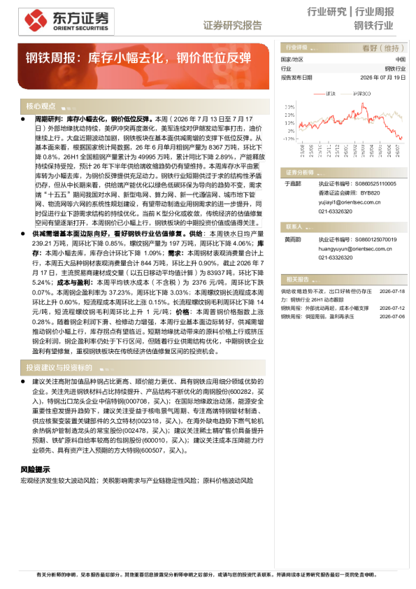 钢铁周报：库存小幅去化，钢价低位反弹