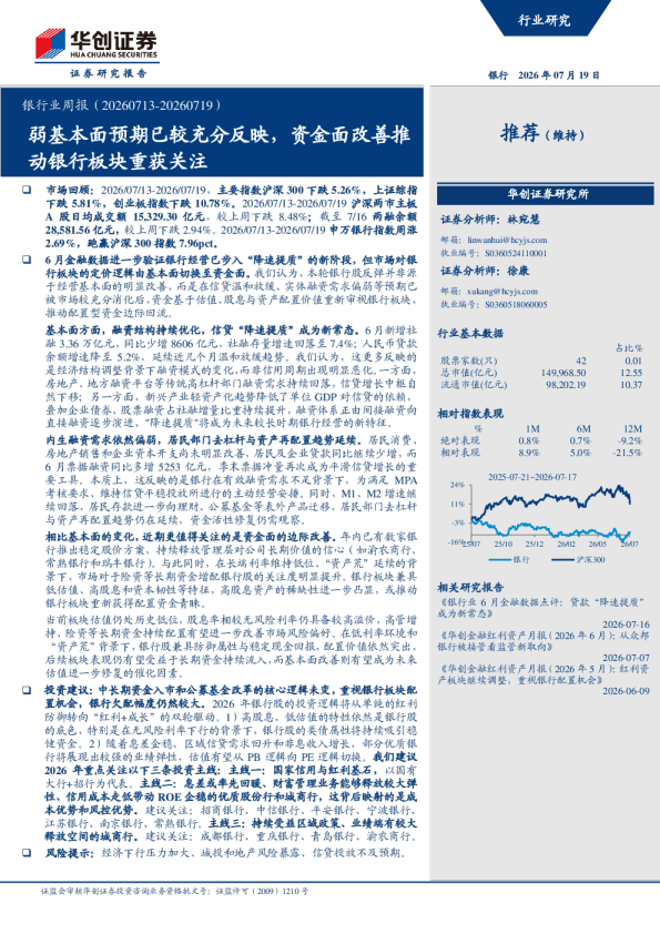 银行业周报：弱基本面预期已较充分反映，资金面改善推动银行板块重获关注