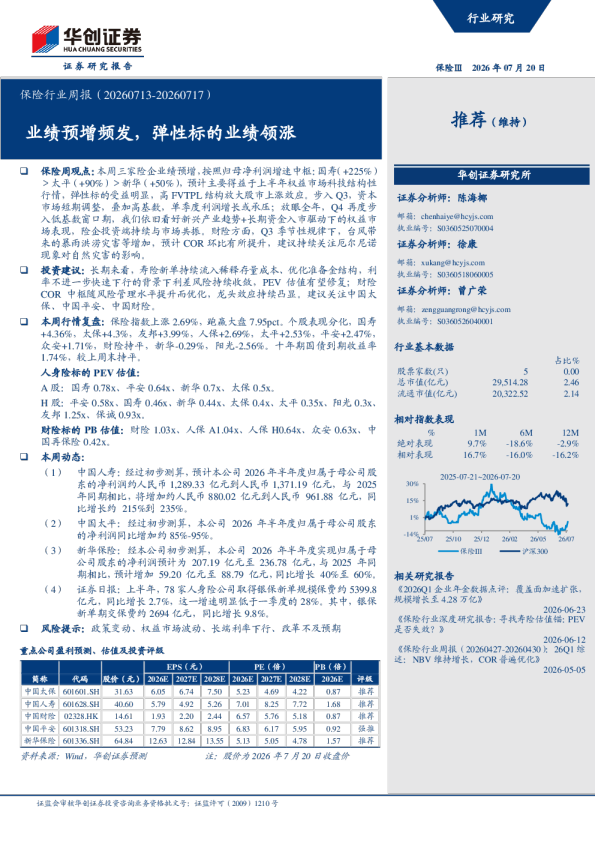 保险行业周报（20260713-20260717）：业绩预增频发，弹性标的业绩领涨