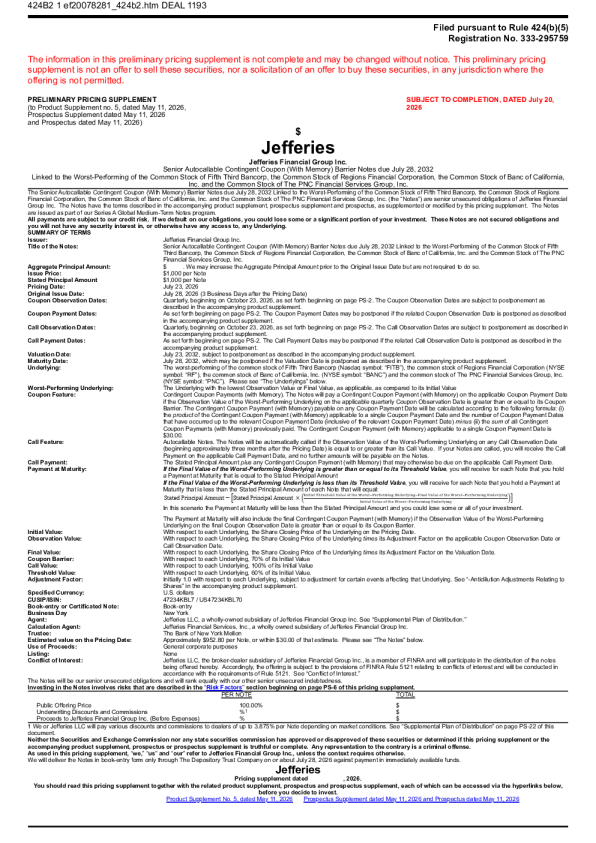 Jefferies Financial Group Inc美股招股说明书(2026-07-20版)