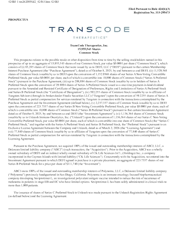 TransCode Therapeutics Inc美股招股说明书(2026-07-20版)