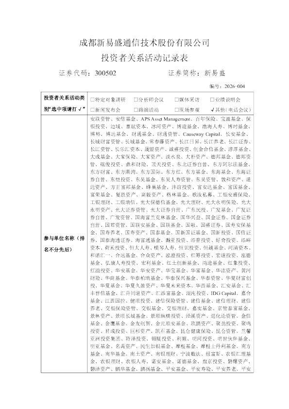 300502 新易盛 300502新易盛投资者关系管理信息20260719