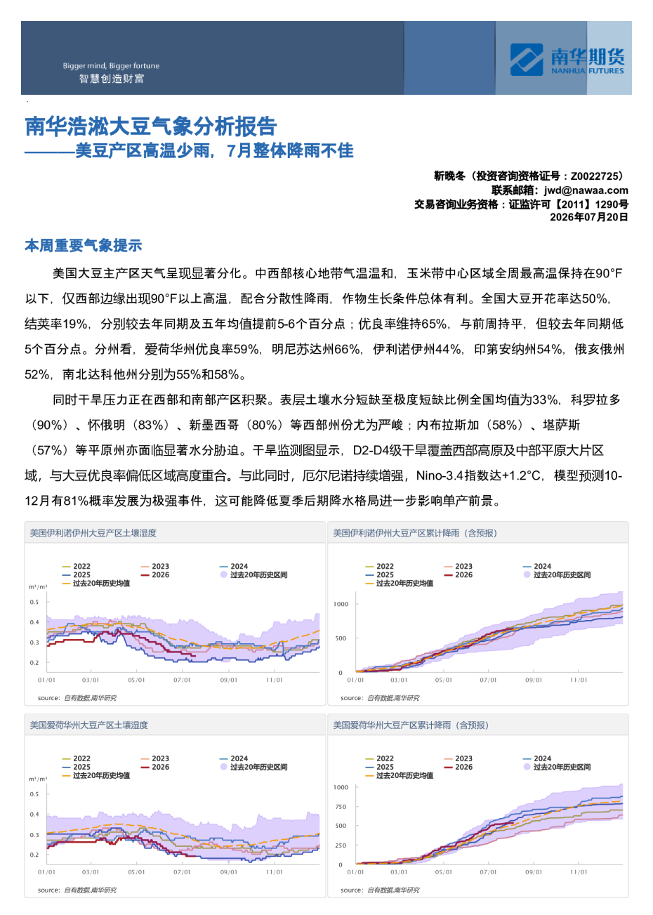 南华浩淞大豆气象分析报告：美豆产区高温少雨，7月整体降雨不佳