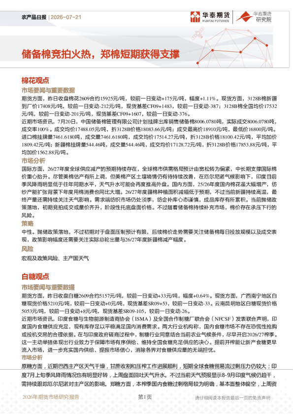 农产品日报：储备棉竞拍火热，郑棉短期获得支撑