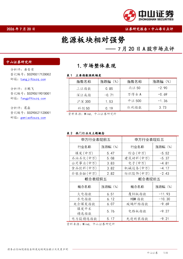 7月20日A股市场点评：能源板块相对强势