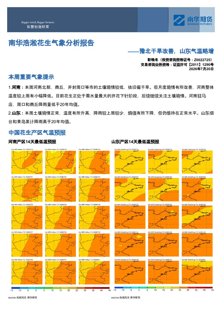 南华浩淞花生气象分析报告：豫北干旱改善，山东气温略增