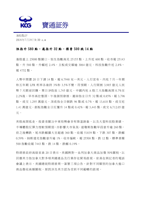 恒指升580點，滬指升32點，標普500跌14點