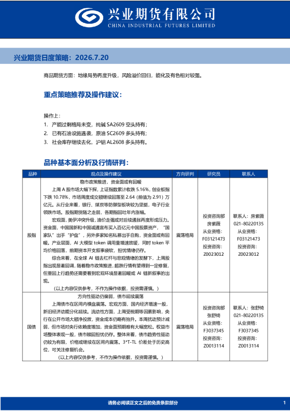 重点策略推荐及操作建议：