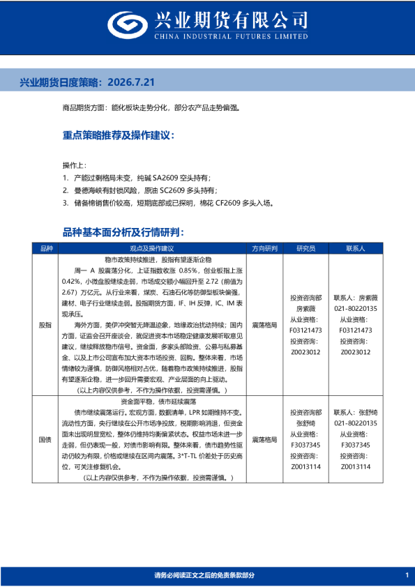 兴业期货日度策略
