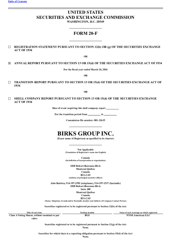 Birks Group Inc-A 2026年年度报告和过渡报告