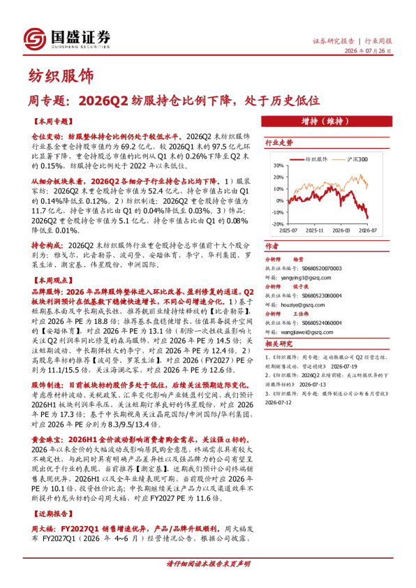 纺织服饰周专题：2026Q2纺服持仓比例下降，处于历史低位