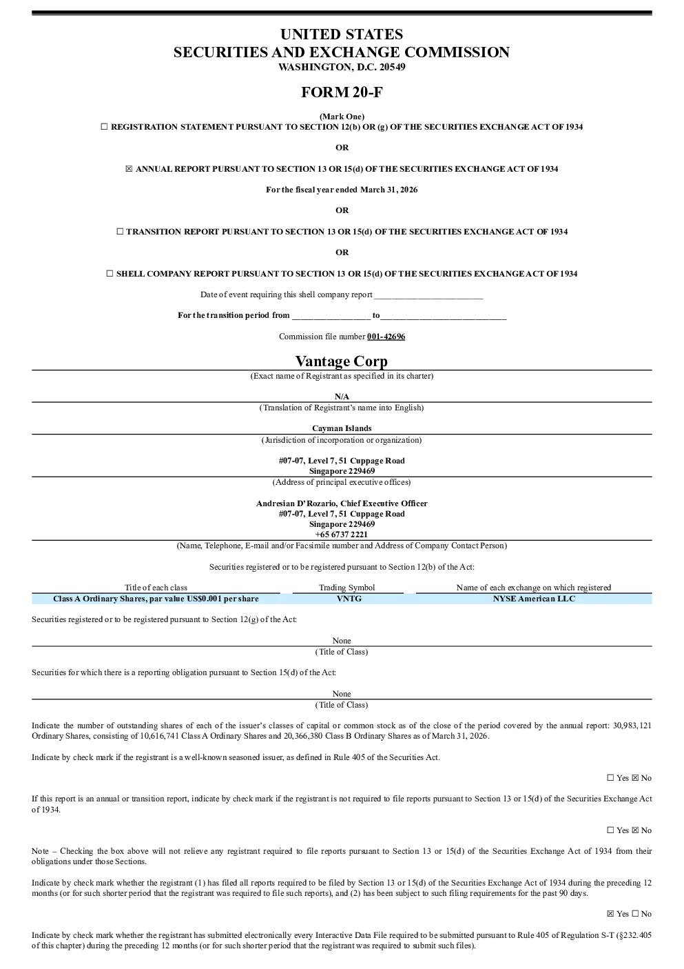 Vantage Corp-A 2026年年度报告和过渡报告