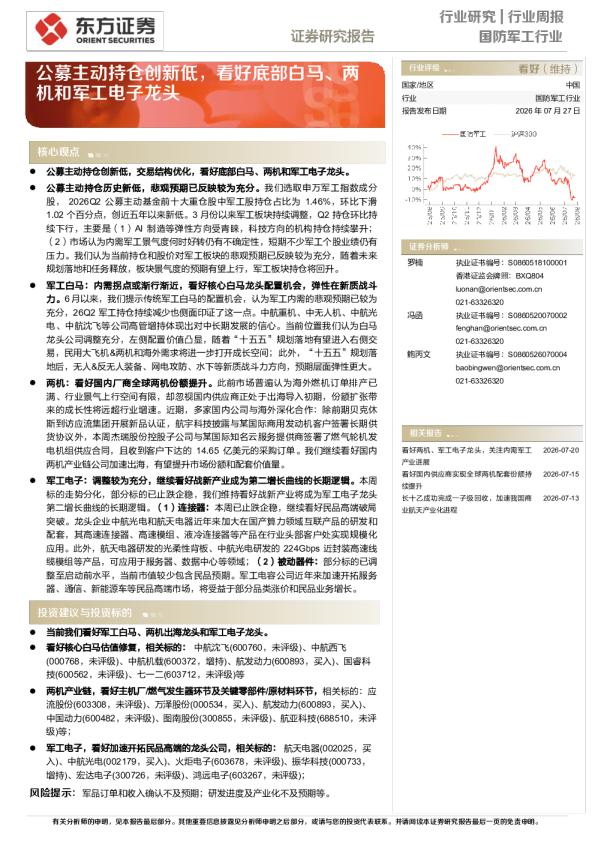 国防军工行业周报：公募主动持仓创新低，看好底部白马、两机和军工电子龙头