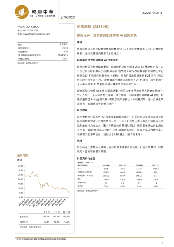 佑驾创新(2431.HK)跟踪点评：增发募资加速物理AI业务发展
