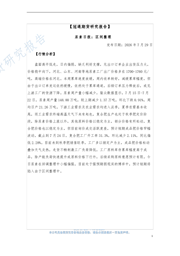 尿素日报：区间整理