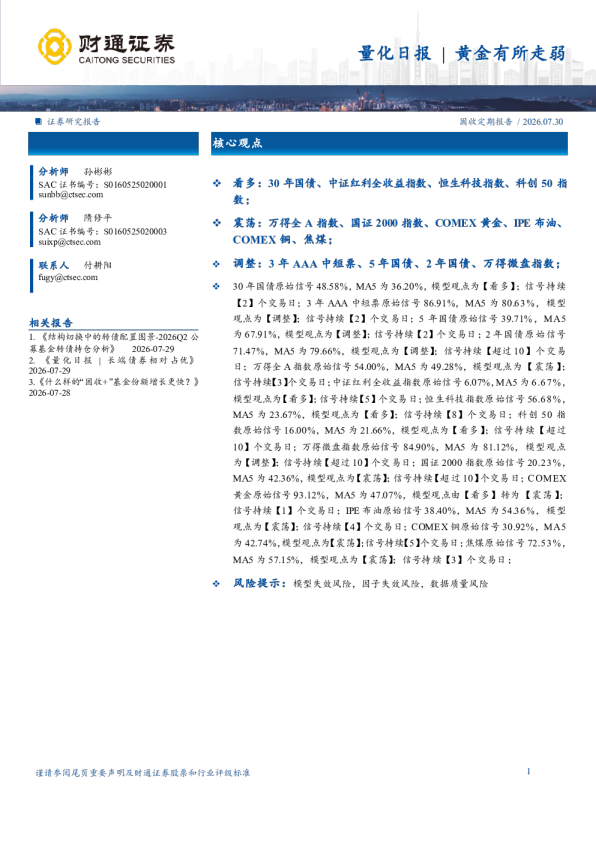 量化日报：黄金有所走弱