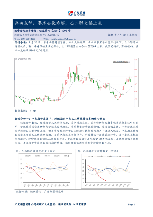 异动点评：港库去化难解，乙二醇大幅上涨20260730