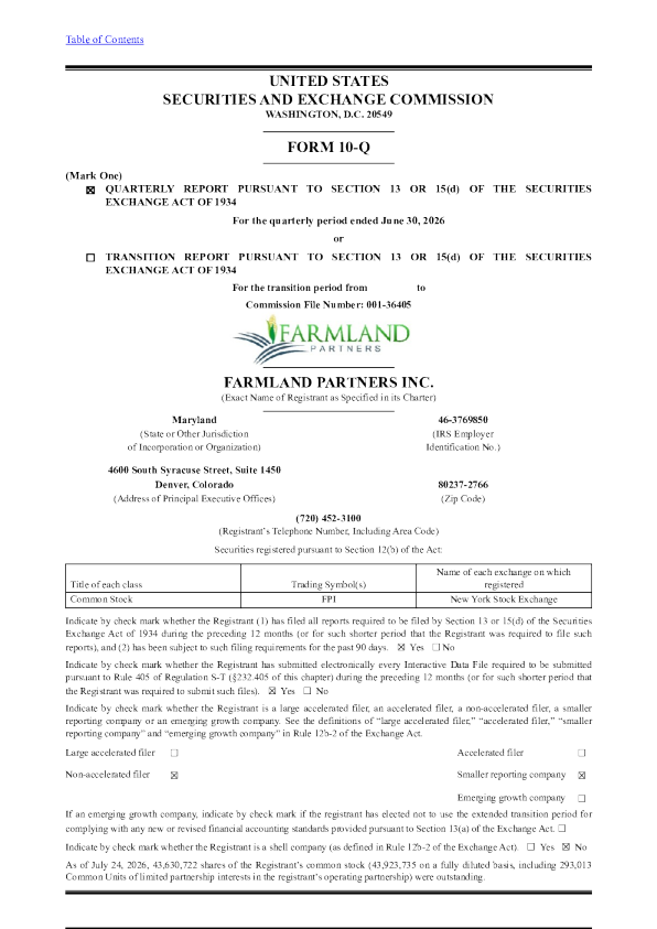 Farmland Partners Inc 2026年季度报告