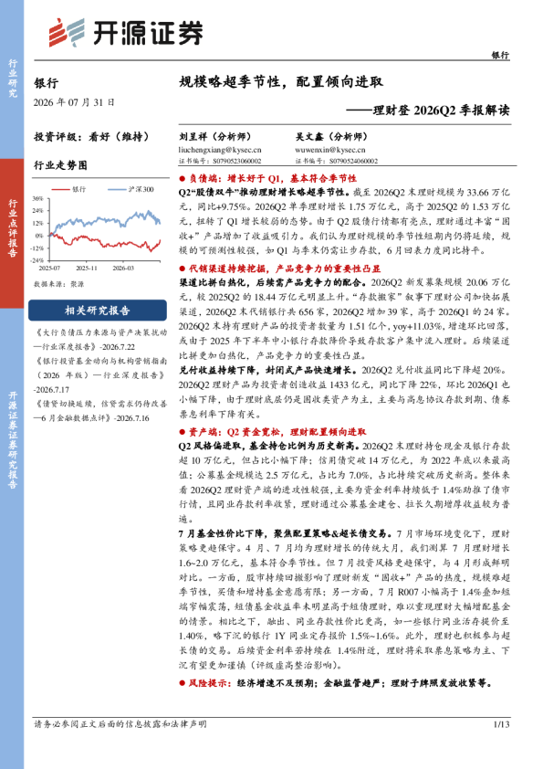 银行理财登2026Q2季报解读：规模略超季节性，配置倾向进取
