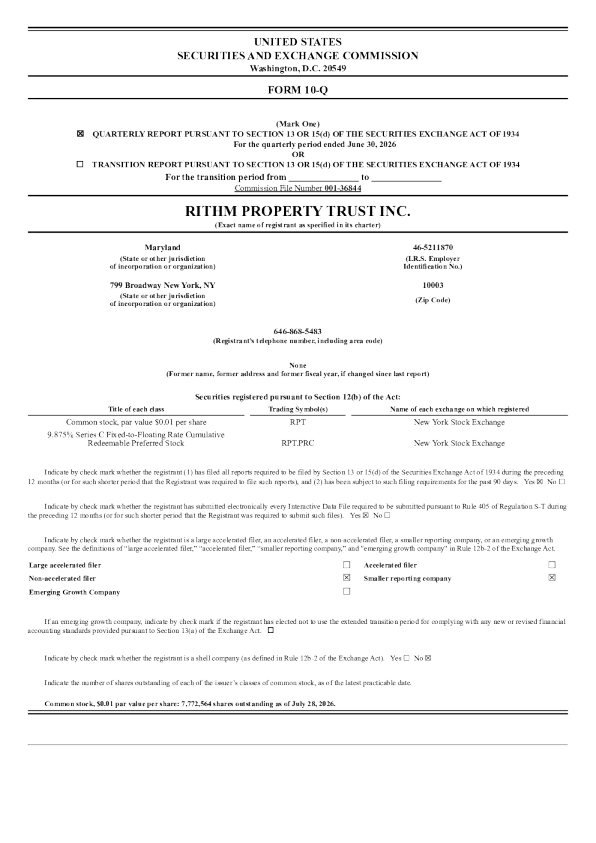 
Rithm Property Trust Inc 2026年季度报告
