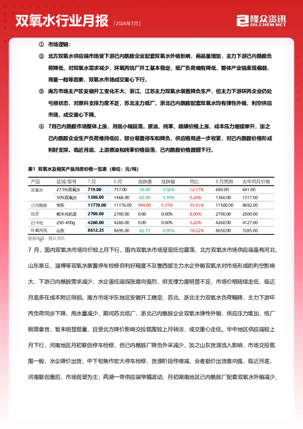 2026年7月双氧水行业月报