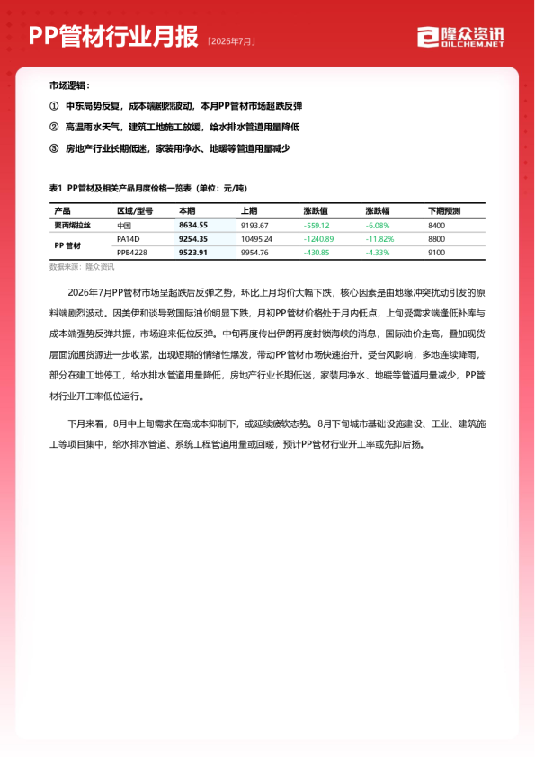 PP管材行业月报（2026年7月）