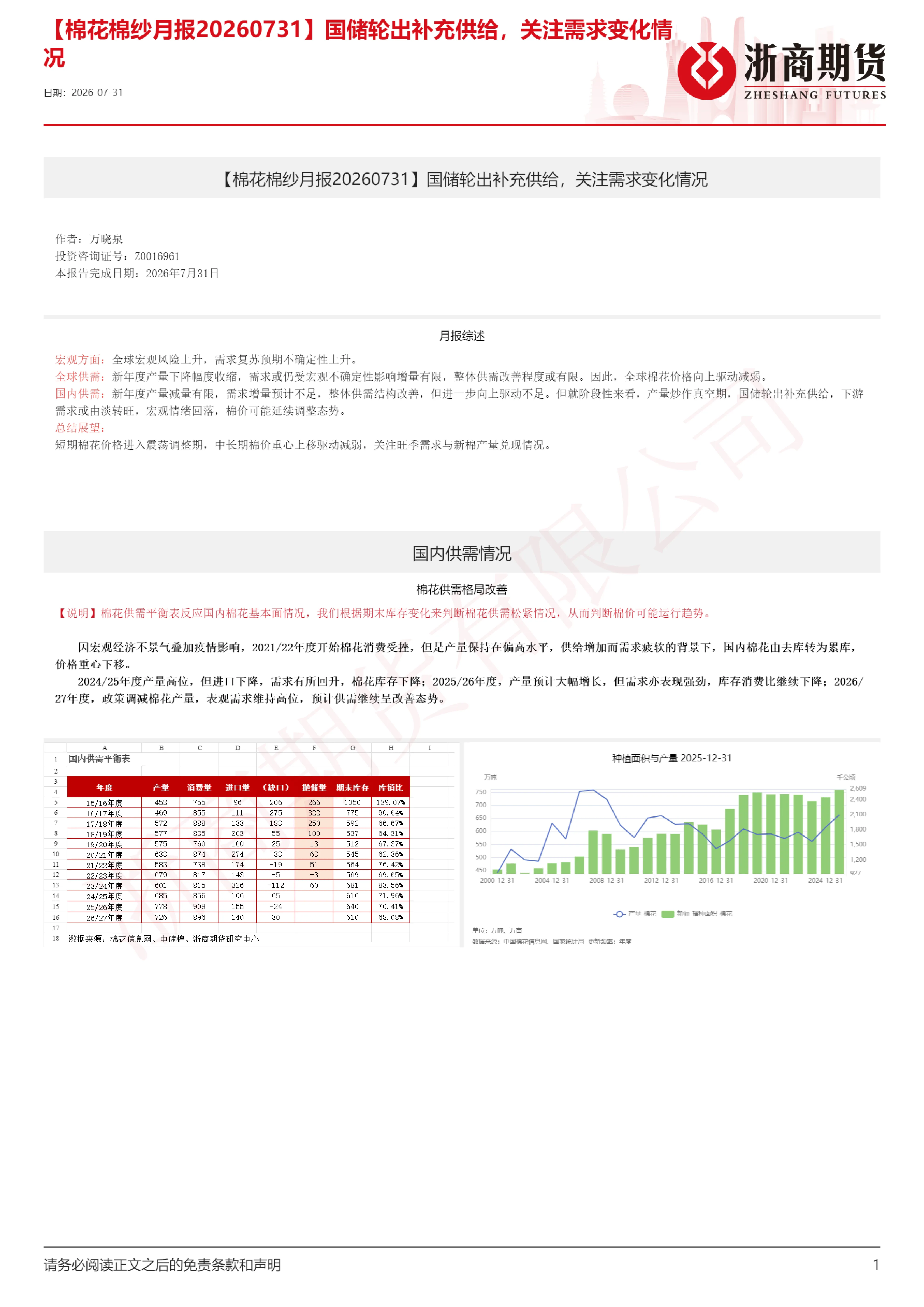 【棉花棉纱月报】国储轮出补充供给，关注需求变化情况