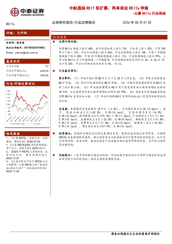 公募REITs行业周报：中航昌保REIT拟扩募，两单商业REITs申报