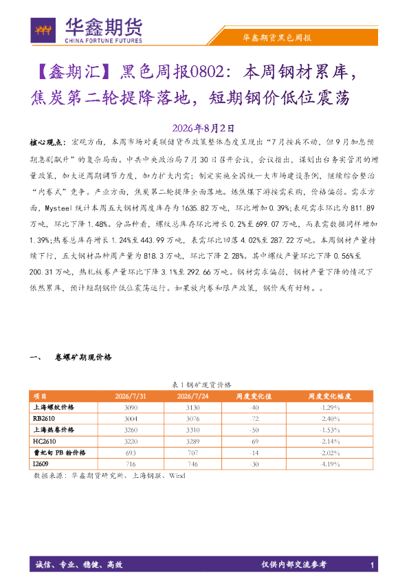 【鑫期汇】黑色周报：本周钢材累库，焦炭第二轮提降落地，短期钢价低位震荡