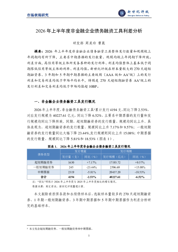 2026年上半年度非金融企业债务融资工具利差分析