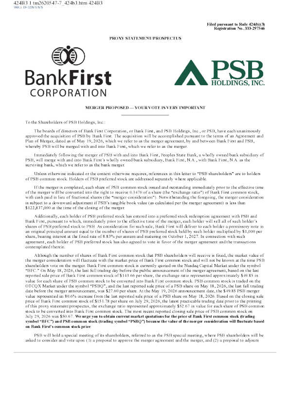Bank First Corp美股招股说明书(2026-08-03版)