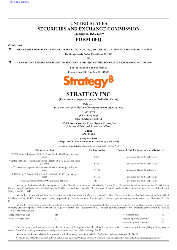 Strategy 2026年季度报告